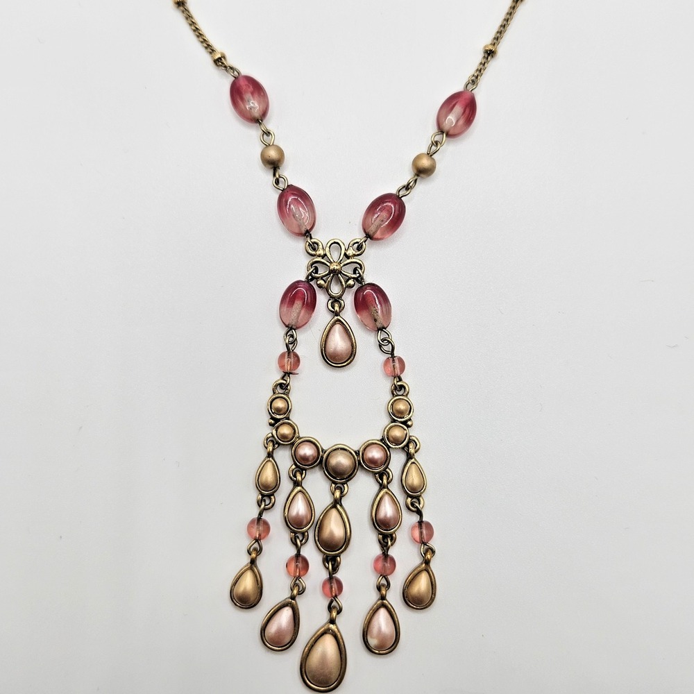 Monet Pink Chandelier Necklace Pink Glass Gold Tone Statement Formal 18"